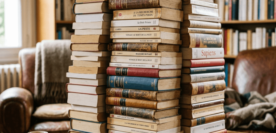 Tall stacks of vintage and classic books on a wooden table in a home library