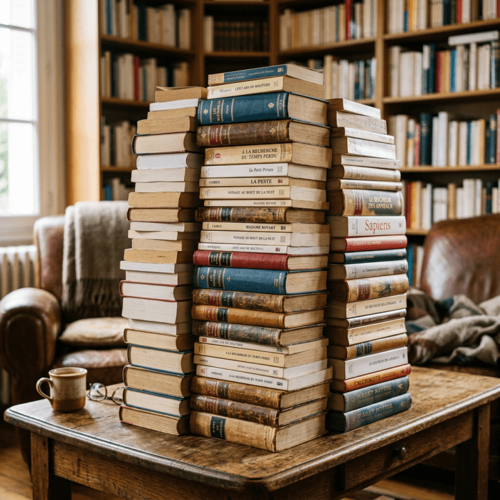 Tall stacks of vintage and classic books on a wooden table in a home library